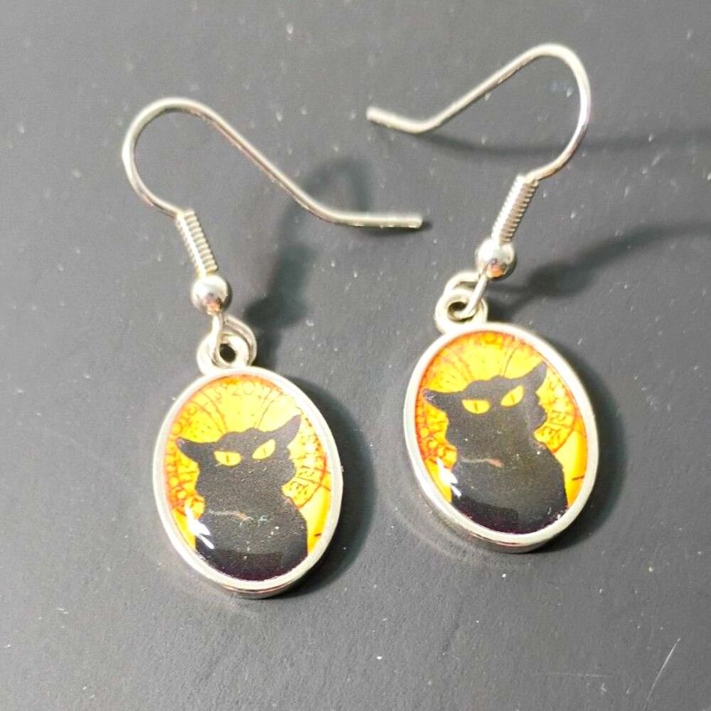 Black Cat Drop Earrings Halloween Dangle Jewelry Silver Tone Hooks Vintage Style